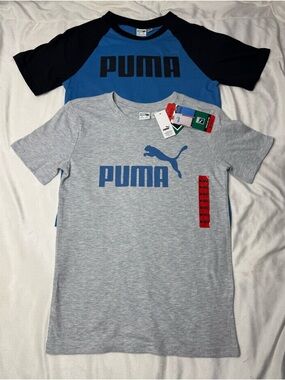 Puma Men's Short Sleeve Logo Tee - Light Gray & Blue